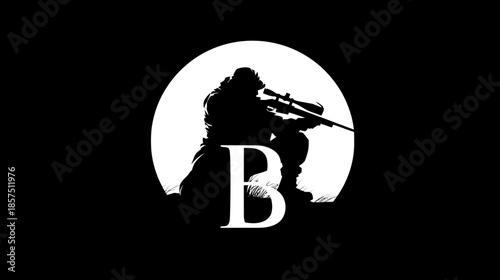 Mysterious sniper silhouette with long-range rifle, crouching on a hill against a bright circle, accompanied by a letter B graphic