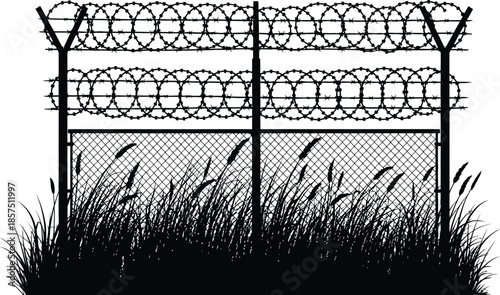 Secure fence with barbed wire and tall grass silhouette