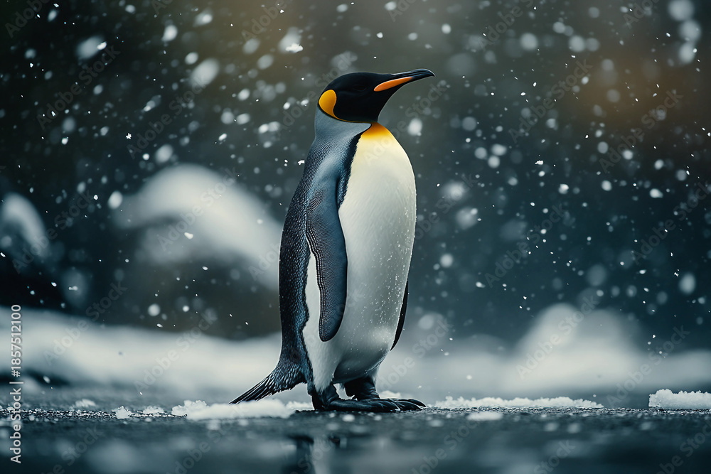 Fototapeta premium Penguin standing in falling snow on icy ground in Antarctic environment during winter season, generative ai
