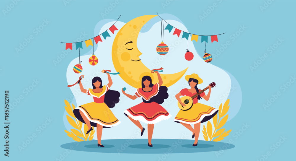 Naklejka premium Three women in traditional attire dance and play music under a smiling crescent moon with festive decorations, celebrating a cultural festival.