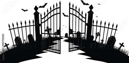 Spooky open gate to haunted graveyard with bats and fog