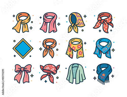 Colorful Vintage Scarves. Vintage Scarves. Colorful isometric vector icons set of Vintage Scarves: silk scarf, chiffon scarf, patterned headscarf, polka-dot