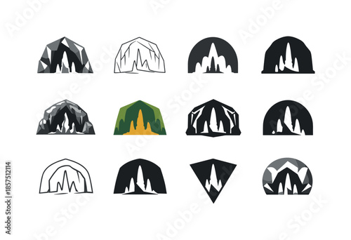 Cave Logo Designs. Caves and caverns. Icon set. Set Logo of Caves and caverns: stalagmite rise. harmonious logo variations of the same emblematic concept, each