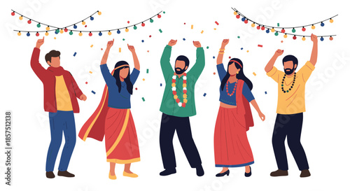 A group of cheerful people celebrating a festival or party with raised hands, confetti, and decorative string lights.