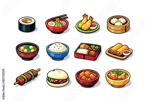 Colorful Asian Food Icons. asian food. Colorful isometric vector icons set of asian food: sushi roll, ramen bowl, tempura shrimp, dumplings, miso soup bowl,