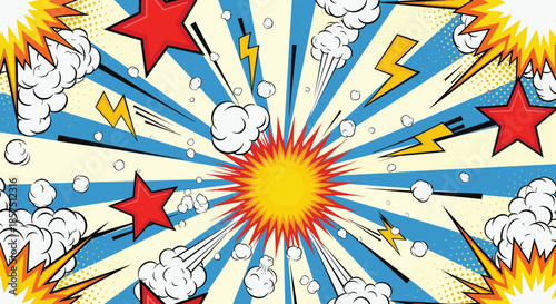 Dynamic comic book style background with a central explosion, flying stars, lightning bolts, and speed lines emanating outwards.