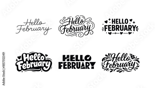 Creative February Typography. Hello February vibes. Set lettering. harmonious lettering variations of the same emblematic concept, each with different artistic