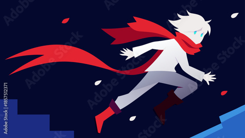 A captivating minimalist illustration showcasing a figure in motion with white hair and a long red scarf running through a dark environment with floating elements
