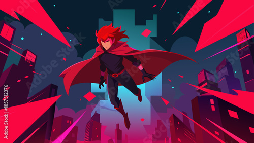 A dynamic digital illustration of a superhero character with red hair and a flowing cape flying over a stylized city skyline at night