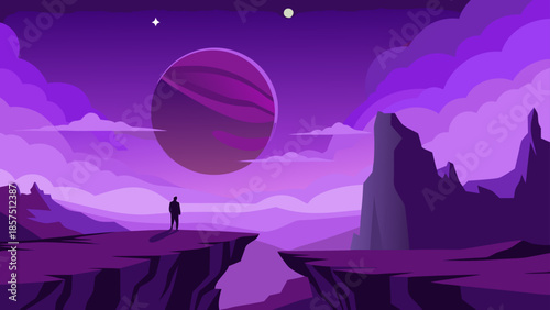 A lone silhouette stands on a purple cliff edge, gazing at a fantastical planet in the vibrant cosmic sky. Minimalist illustration of space exploration and contemplation.