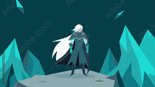A powerful white-haired character stands in a minimalist flat design illustration of a magical, teal-colored ice crystal landscape