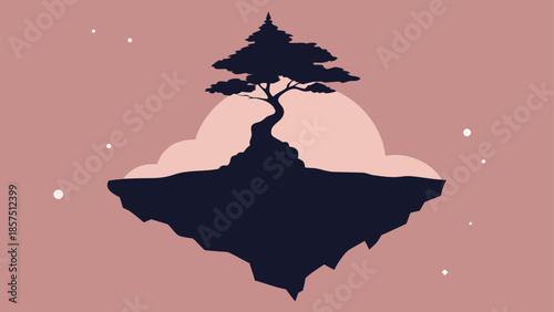 A surreal minimalist illustration of a single stylized tree silhouette standing alone on a mystical floating island against a soft dusty pink sky background.
