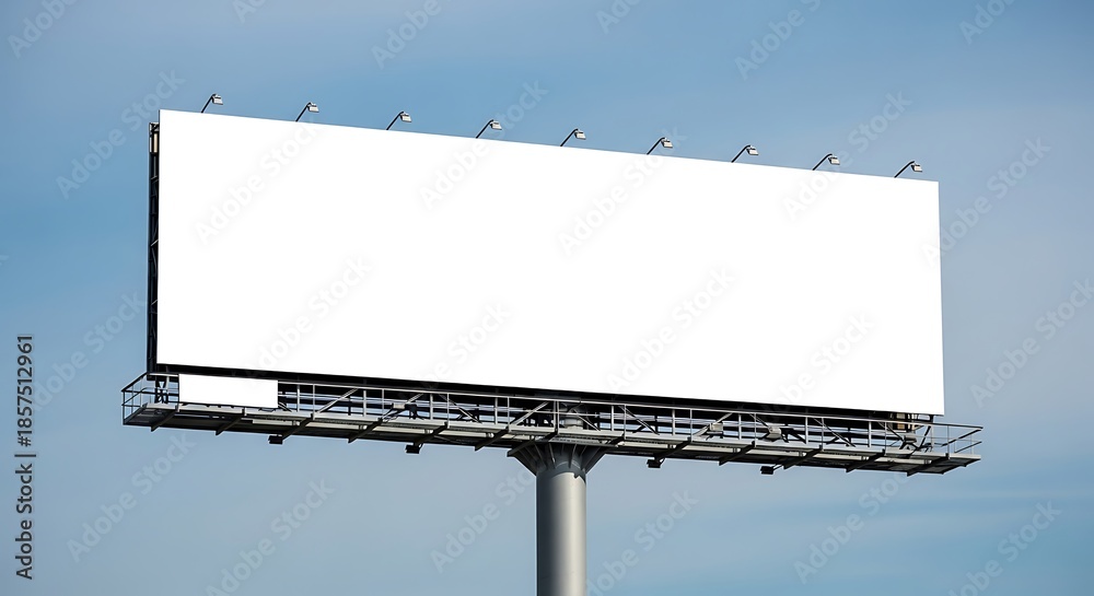 Obraz premium Large blank billboard against a clear blue sky, ready for custom text or advertisement, representing outdoor marketing and public display space
