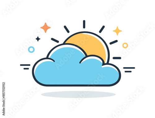 Minimal Sun and Clouds. Sun behind clouds icon. A balanced combination of sun and cloud shapes partially overlapping. Mixed weather concept, smooth interaction