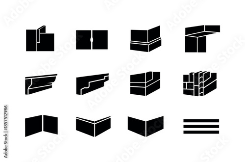Architectural Icon Set. Architectural Details. Solid icon set of Architectural Details: wall joint, wall seam, baseboard wall, ceiling wall edge, wall molding,