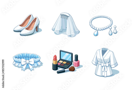 Bridal Accessories Icons. Bridal Accessories. Isometric flat vector icons set of Bridal Accessories: wedding shoes, veil with comb, bridal jewelry set, garter