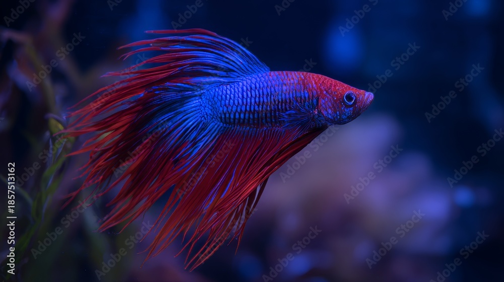 Obraz premium Blue red siamese fighting fish close up showing vibrant fins and elegant movement, dramatic color contrast, aquatic animal beauty for nature, aquarium, tropical wildlife and ornamental design use