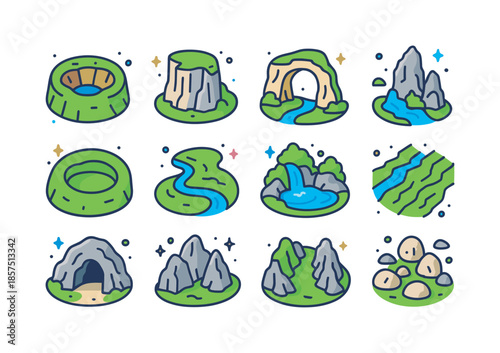 Colorful Karst Icons. Karst landscapes. Colorful isometric vector icons set of karst landscapes: sinkhole, limestone cliff, natural arch, karst tower, doline