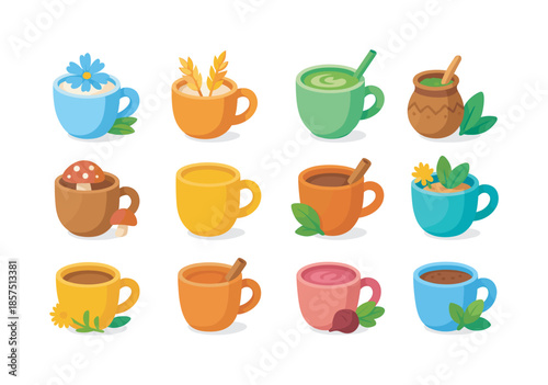 Colorful Coffee Alternatives. Coffee alternatives. Colorful flat vector icons set of coffee alternatives: chicory latte, roasted barley drink, matcha latte,