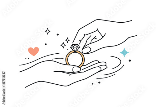Elegant Ring Proposal. Jewelry and Rings Concepts. Hands holding a ring with soft motion lines and sparkles, symbolizing proposal or care. Emotional and