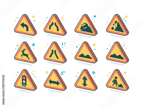 Colorful Traffic Icons. Traffic warning signs. Colorful isometric vector icons set of Traffic warning signs: sharp turn ahead sign, double curve sign, steep
