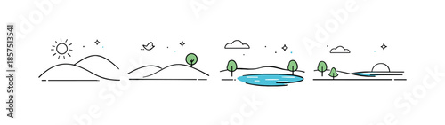 Serene Terrain Transformation. Changing terrain. Hills subtly morphing into softer forms, with minimal trees appearing and disappearing. Gentle visual story of