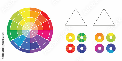 A color wheel illustration alongside geometric shapes and circular color samples