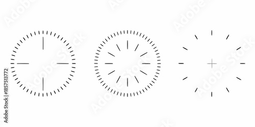 Three minimalist clock faces showing different times in a black and white image