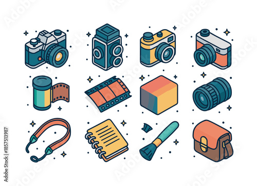Classic Camera Icons. Classic film photography. Colorful isometric vector icons set of Classic film photography: 35mm film camera, medium format camera,