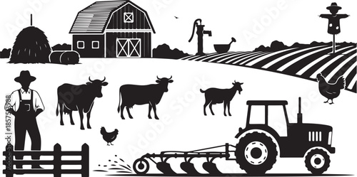 Farmer and livestock on a rural farm landscape scene