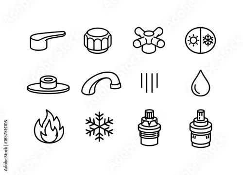 Sink Faucet Icon Set. Complete Sink Faucet Handle Essentials. Line icon set of Complete Sink Faucet Handle Essentials: lever handle, knob handle, cross handle,