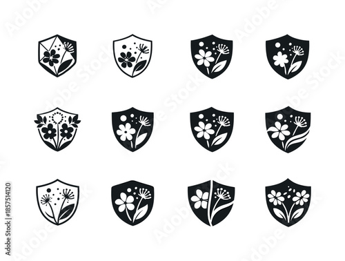 Spring Allergy Icons. Spring allergies. Icon set. Set Logo of spring allergies: immune shield. harmonious logo variations: Abstract geometric, Minimal outline,