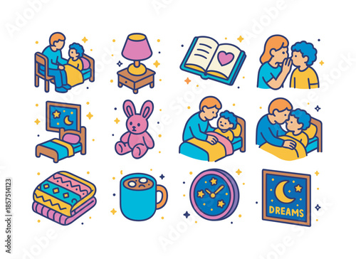 Bedtime Lessons Icons. Bedtime life lessons. Colorful isometric vector icons set of bedtime life lessons: parent sitting by child?s bed, nightstand lamp