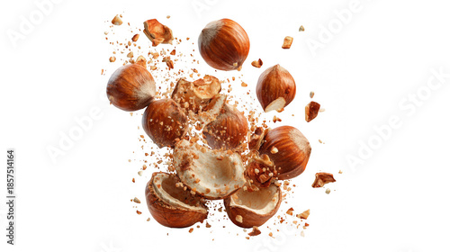 Delicious hazelnuts exploding into flavorful pieces, showcasing fresh nuts and their shells