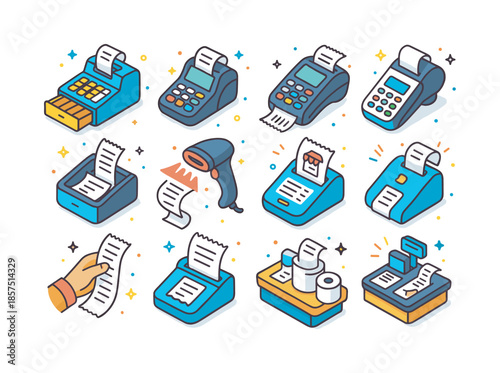 Colorful Cash Register Icons. Cash register and receipts. Colorful isometric vector icons set of Cash register and receipts: classic cash register with receipt