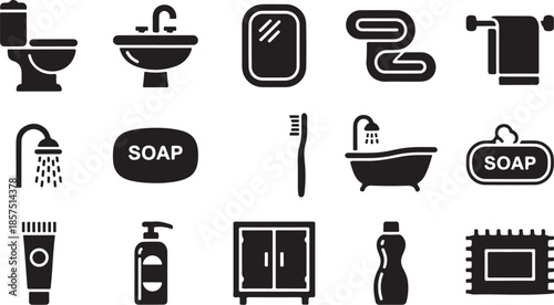 Collection of essential black and white bathroom hygiene and fixture icons
