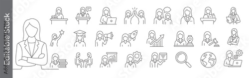 Businesswoman and female leadership line icon set – editable outline symbols of CEO, manager, teamwork, success, education and empowerment