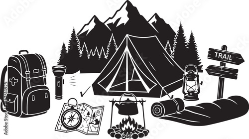 Essential black and white vector illustration of camping gear and mountain scenery