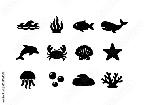 Underwater Icon Set. Underwater life. Solid icon set of underwater life: wave icon, seaweed, fish silhouette, whale silhouette, dolphin silhouette, crab