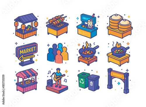 Vibrant Night Market Icons. Night food market. Colorful isometric vector icons set of Night food market: lantern-lit stall, grilled skewers stand, bubble tea
