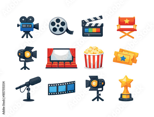 Colorful Cinematic Icons Set. Cinematic. Colorful flat vector icons set of Cinematic: movie camera, film reel, clapperboard, director chair, spotlight, cinema