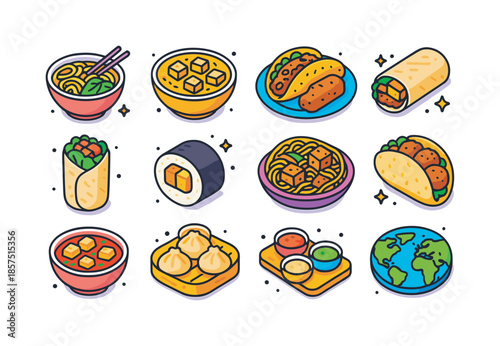 Global Fusion Meals Icons. Global fusion alternative protein meals. Colorful isometric vector icons set of Global fusion alternative protein meals: plant-based