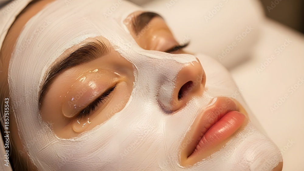 Naklejka premium Close-up of woman's face with white cosmetic facial mask during beauty treatment isolated on White Background