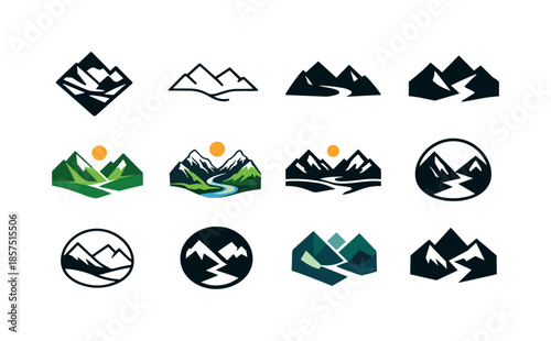Quiet Valley Logos. Quiet Valley. Icon set. Set Logo of Quiet Valley: mountain peaks framing valley. harmonious logo variations of the same emblematic concept,
