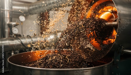 Medium frame capturing dark roast coffee beans tumbling inside rotating drum with intense chaff release and deepening bean color against industrial background.
