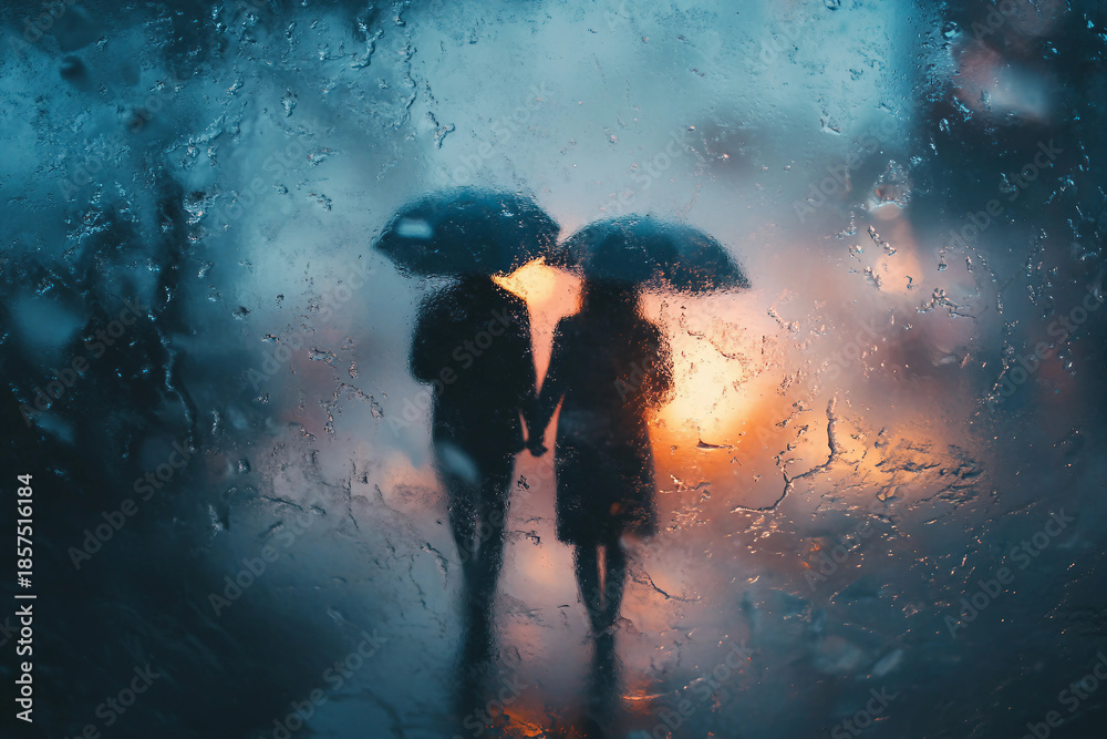 Obraz premium Generative AI romantic couple walking under umbrella during heavy rain on quiet forest city park street road