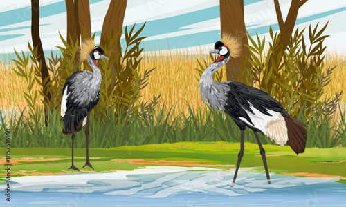 A pair of black-crowned cranes stroll across a lake. Wild bird of Africa. Realistic vector animal.