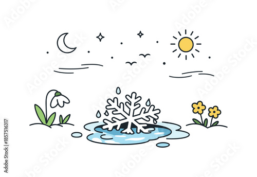 Melting Snowflake Poise. Last snowflake concepts. Calm editorial illustration capturing a melting snowflake on the ground, quiet and poetic mood. Subtle