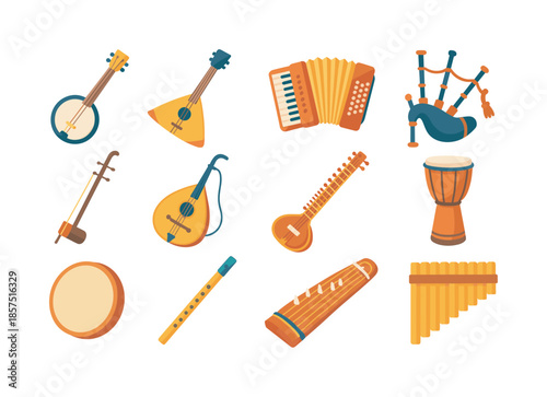 World Folk Instruments. World folk instruments. Colorful flat vector icons set of world folk instruments: banjo, balalaika, accordion, bagpipes, erhu, oud,