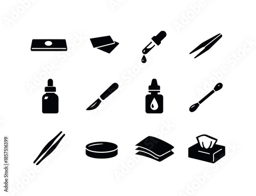 Slide Preparation Icons. Slide preparation tools. Solid icon set of Slide preparation tools: glass slide, cover glass, pipette, tweezers, dropper bottle,